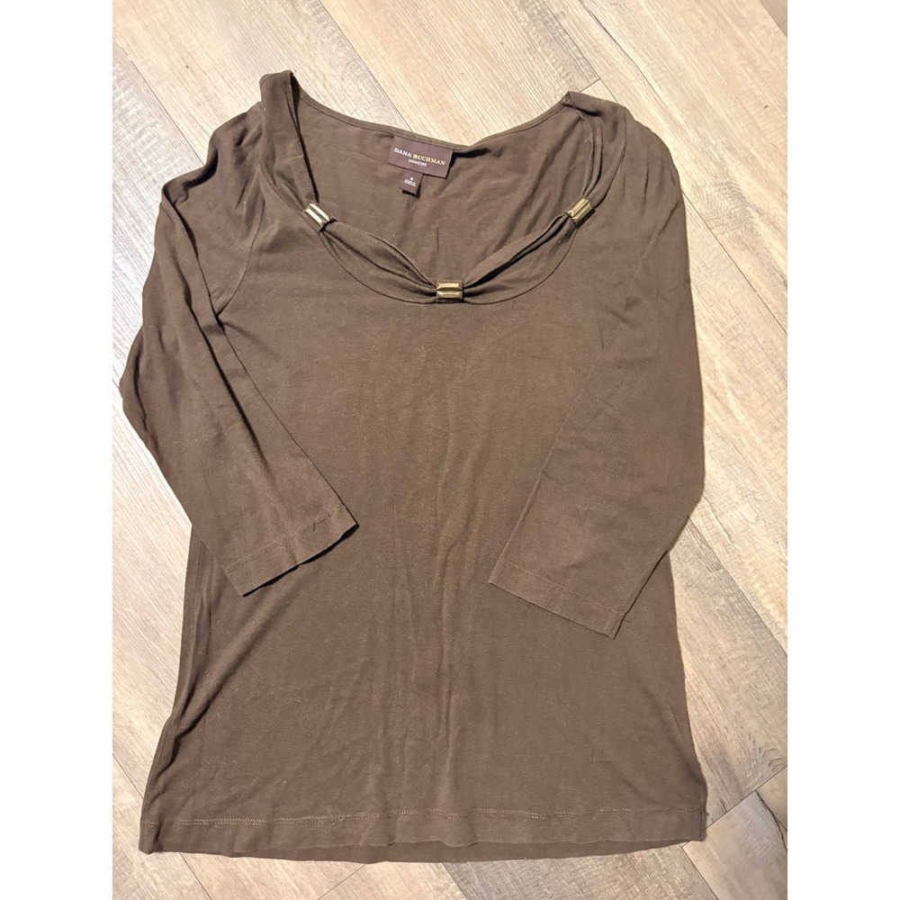 Dana Buchman Signature Brown 3/4 Sleeve Top Gold Beaded Accents Size S
